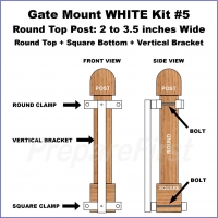 Gate Mount - WHITE -  Kit #5 - POST - ROUND TOP & SQUARE BOTTOM - 2 to 3.5 INCH